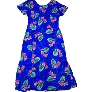 Mango Moon Tropical Floral Maxi Dress Womens M Blue Hibiscus Monstera Aloha Boho